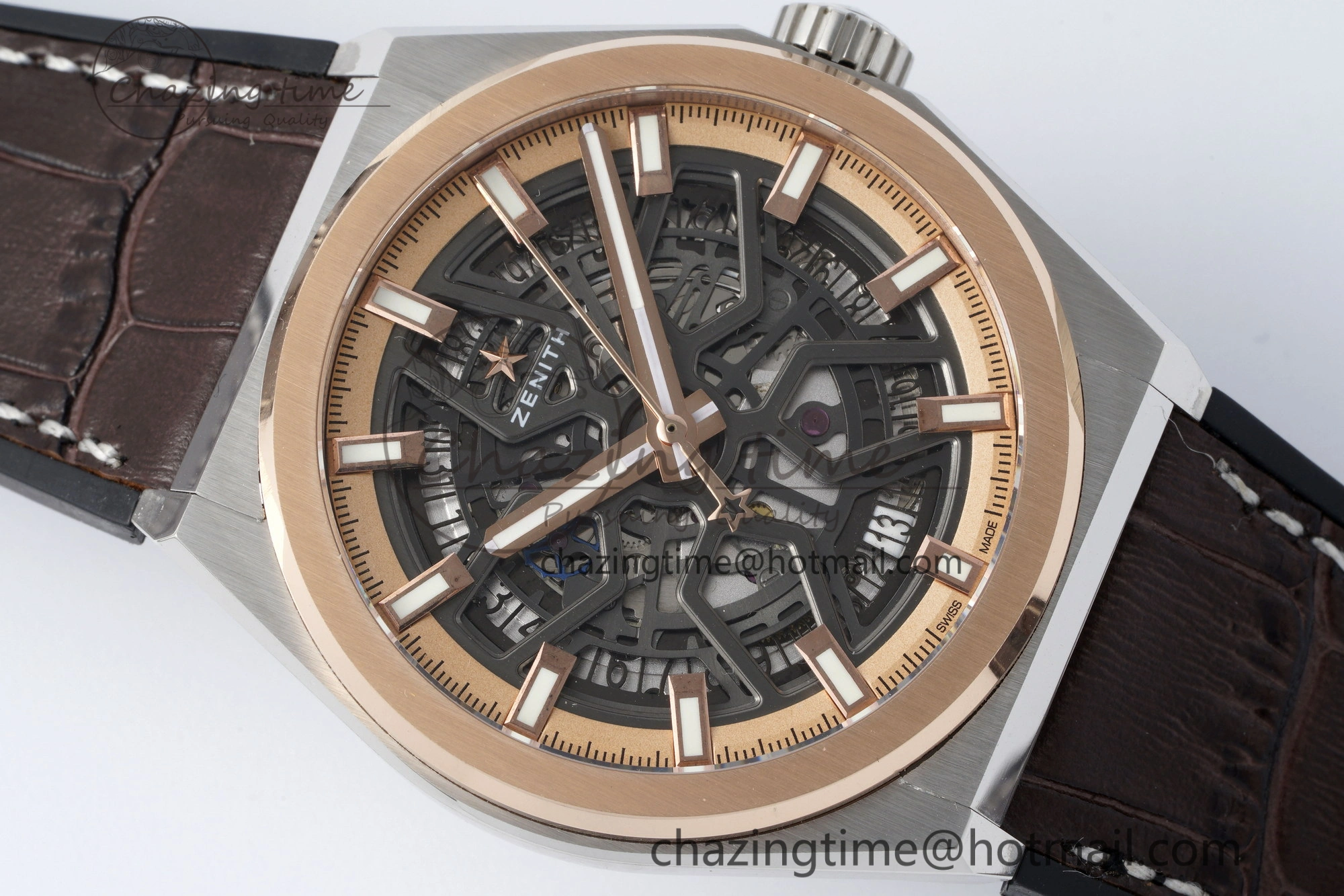 WellDesigned Defy  LF 1:1 Best Edition Skeleton Black Dial RG Bezel on Brown Gummy Strap A 10018