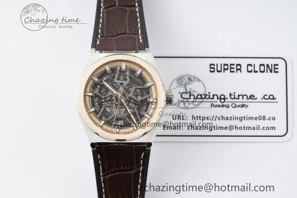 WellDesigned Defy  LF 1:1 Best Edition Skeleton Black Dial RG Bezel on Brown Gummy Strap A 10018
