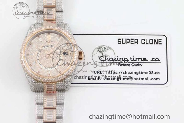 Diamond Skydweller SS RG TWF Best Edition Full Diamond Dial on SS RG Bracelet Asian 23J to TechFriendly 2344