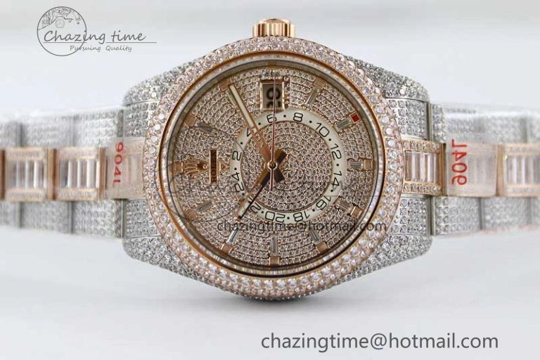 Diamond Skydweller SS RG TWF Best Edition Full Diamond Dial on SS RG Bracelet Asian 23J to TechFriendly 2344