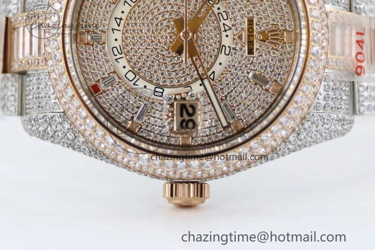 Diamond Skydweller SS RG TWF Best Edition Full Diamond Dial on SS RG Bracelet Asian 23J to TechFriendly 2344