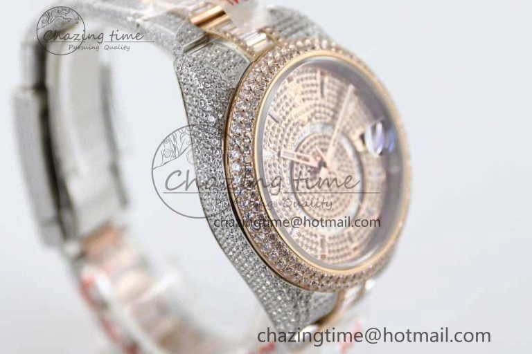 Diamond Skydweller SS RG TWF Best Edition Full Diamond Dial on SS RG Bracelet Asian 23J to TechFriendly 2344