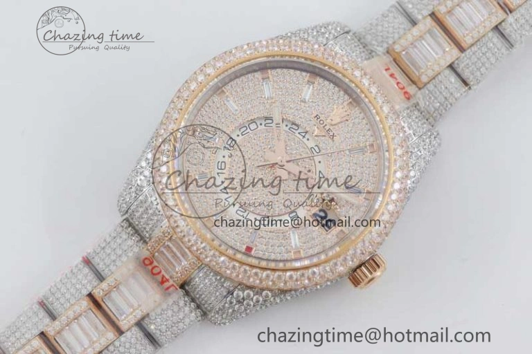 Diamond Skydweller SS RG TWF Best Edition Full Diamond Dial on SS RG Bracelet Asian 23J to TechFriendly 2344