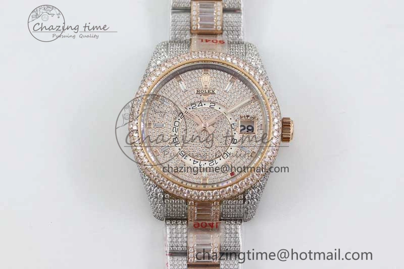 Diamond Skydweller SS RG TWF Best Edition Full Diamond Dial on SS RG Bracelet Asian 23J to TechFriendly 2344