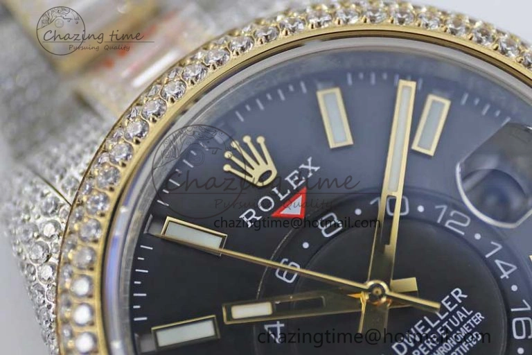 Classic Diamond Skydweller SS YG TWF Best Edition Black Dial on SS YG Bracelet Asian 23J to 2343
