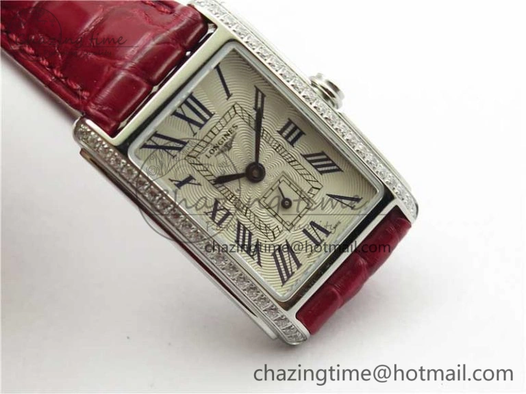 Doloevita SS Crystal Bezel 5055F 1:1 Best Edition Ivory White Textured Dial On Red Leather Strap Cal.L178. StreetReady 10447