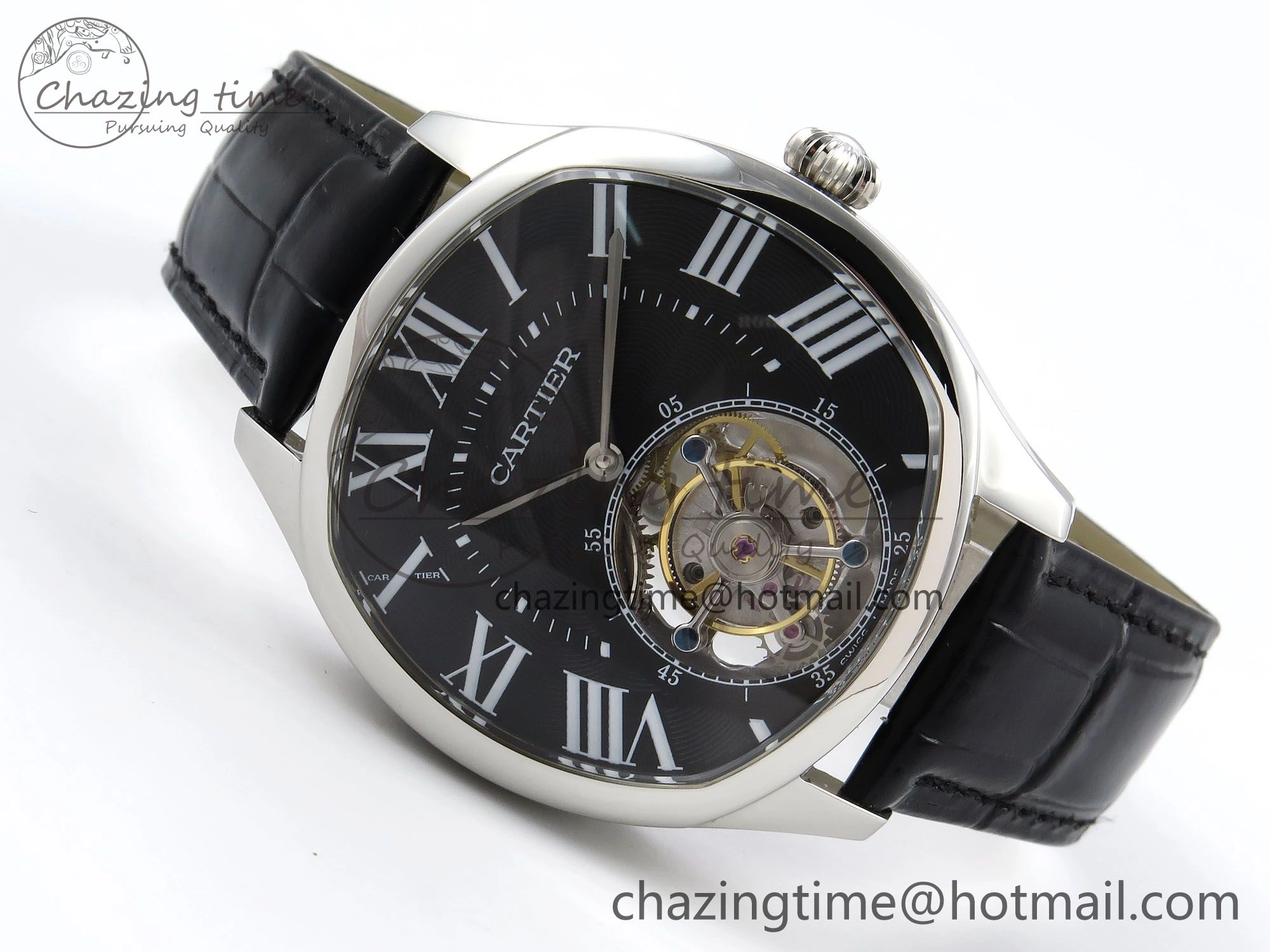Drive De Cartier Flying Tourbillon SS RMS Best Edition Black Dial on Black Leather Strap TechFriendly 5987