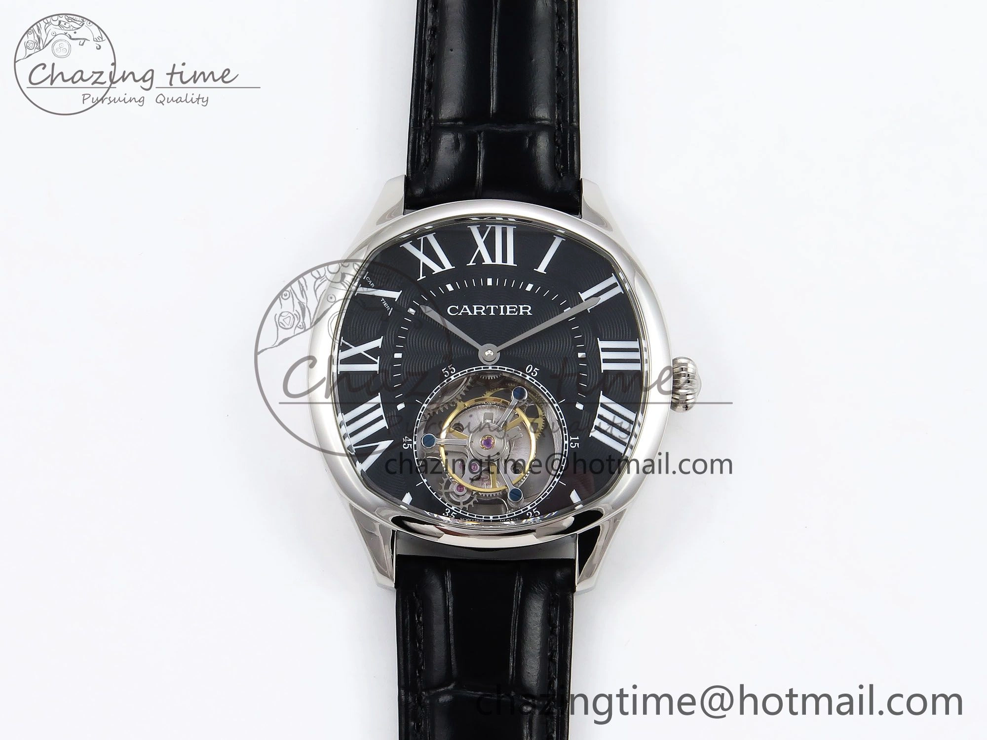 Drive De Cartier Flying Tourbillon SS RMS Best Edition Black Dial on Black Leather Strap TechFriendly 5987