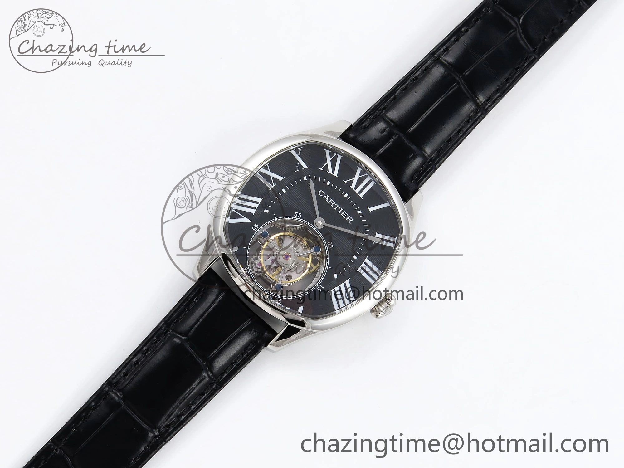 Drive De Cartier Flying Tourbillon SS RMS Best Edition Black Dial on Black Leather Strap TechFriendly 5987