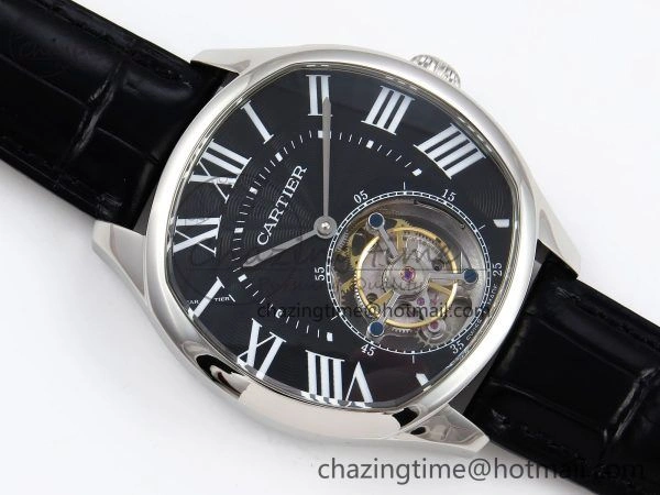 Drive De Cartier Flying Tourbillon SS RMS Best Edition Black Dial on Black Leather Strap TechFriendly 5987