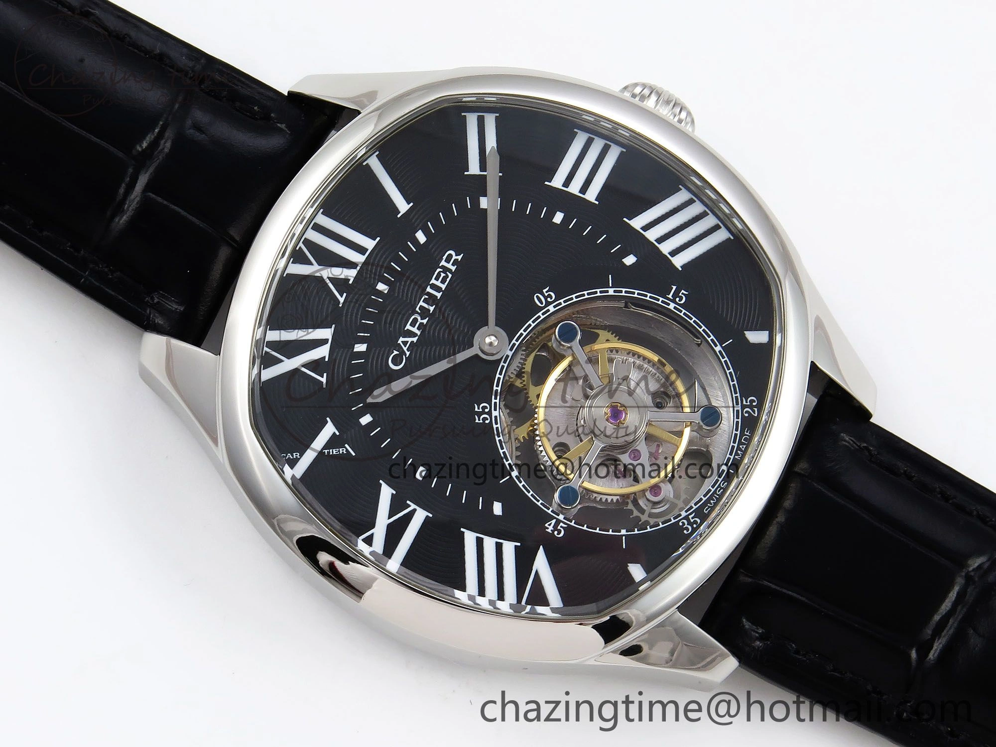 Drive De Cartier Flying Tourbillon SS RMS Best Edition Black Dial on Black Leather Strap TechFriendly 5987