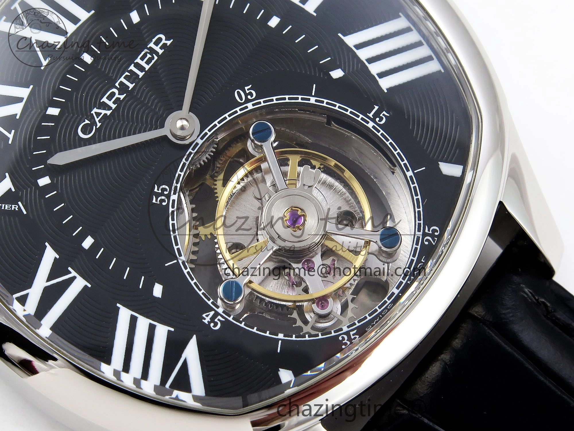 Drive De Cartier Flying Tourbillon SS RMS Best Edition Black Dial on Black Leather Strap TechFriendly 5987