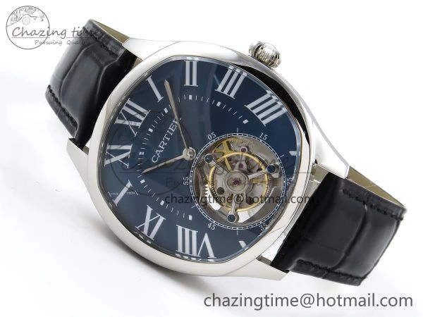 Drive De Cartier Flying Tourbillon SS RMS Best Edition Blue Dial on Black Leather Strap Reliable 5988