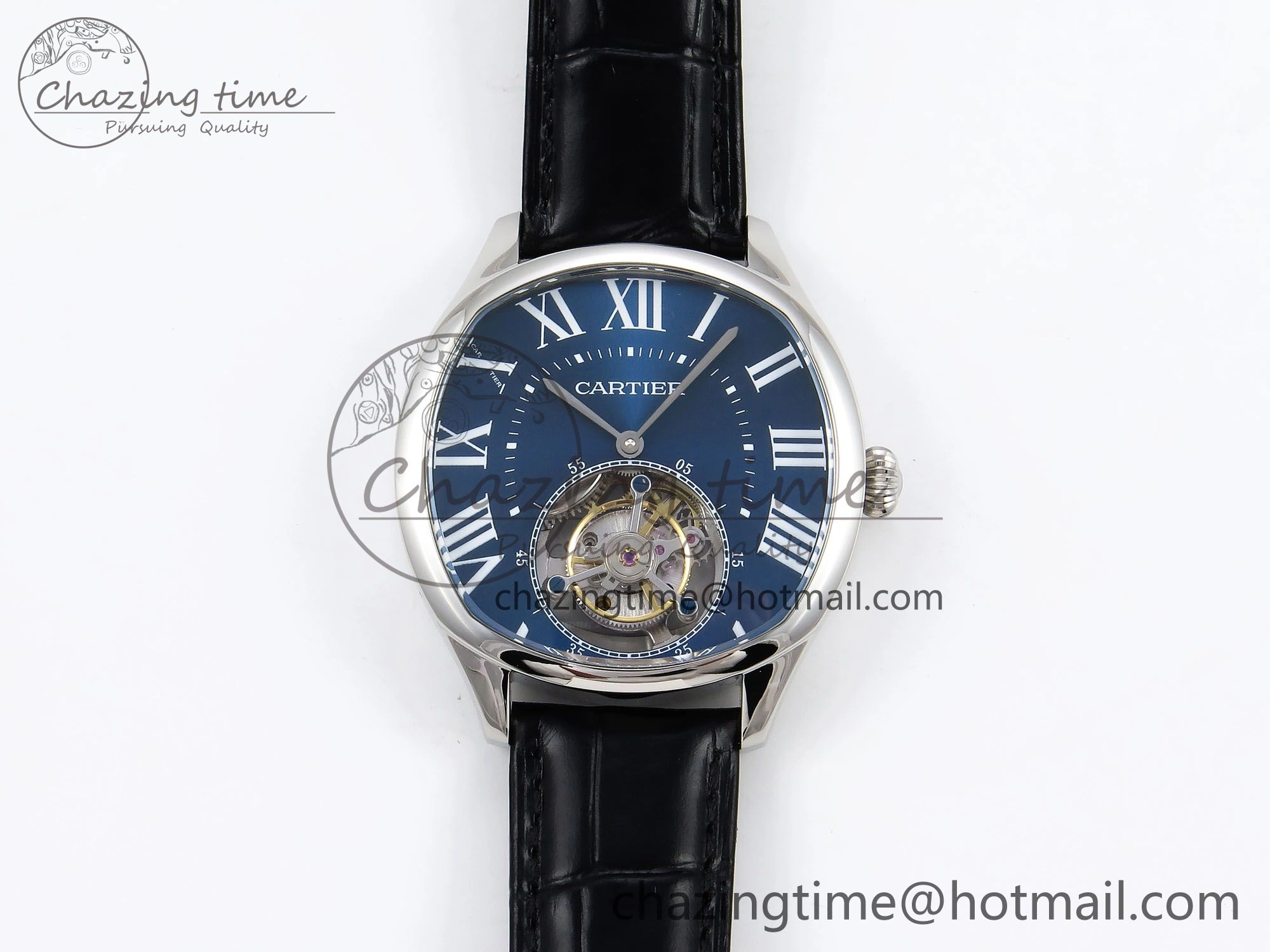Drive De Cartier Flying Tourbillon SS RMS Best Edition Blue Dial on Black Leather Strap Reliable 5988