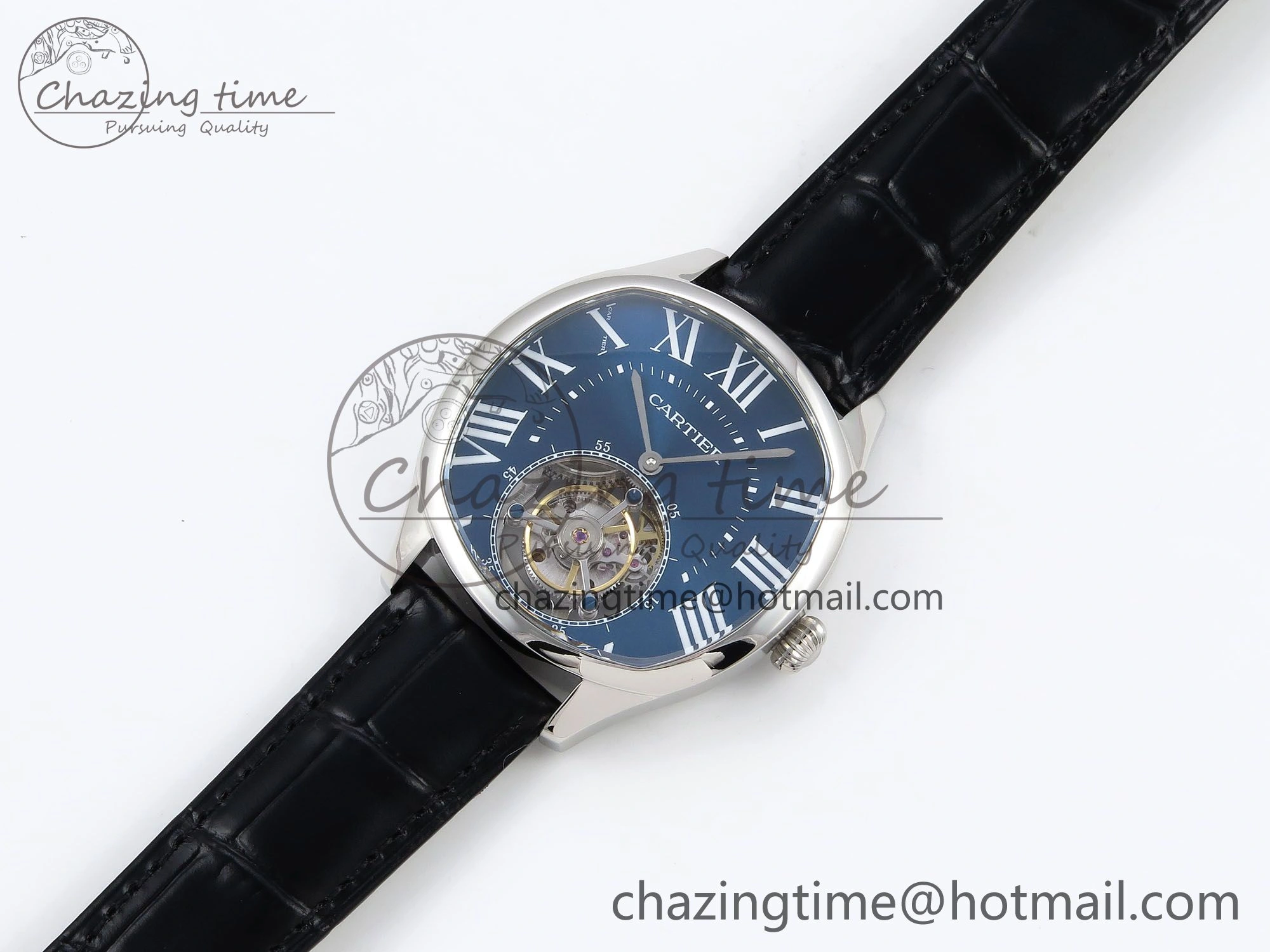 Drive De Cartier Flying Tourbillon SS RMS Best Edition Blue Dial on Black Leather Strap Reliable 5988