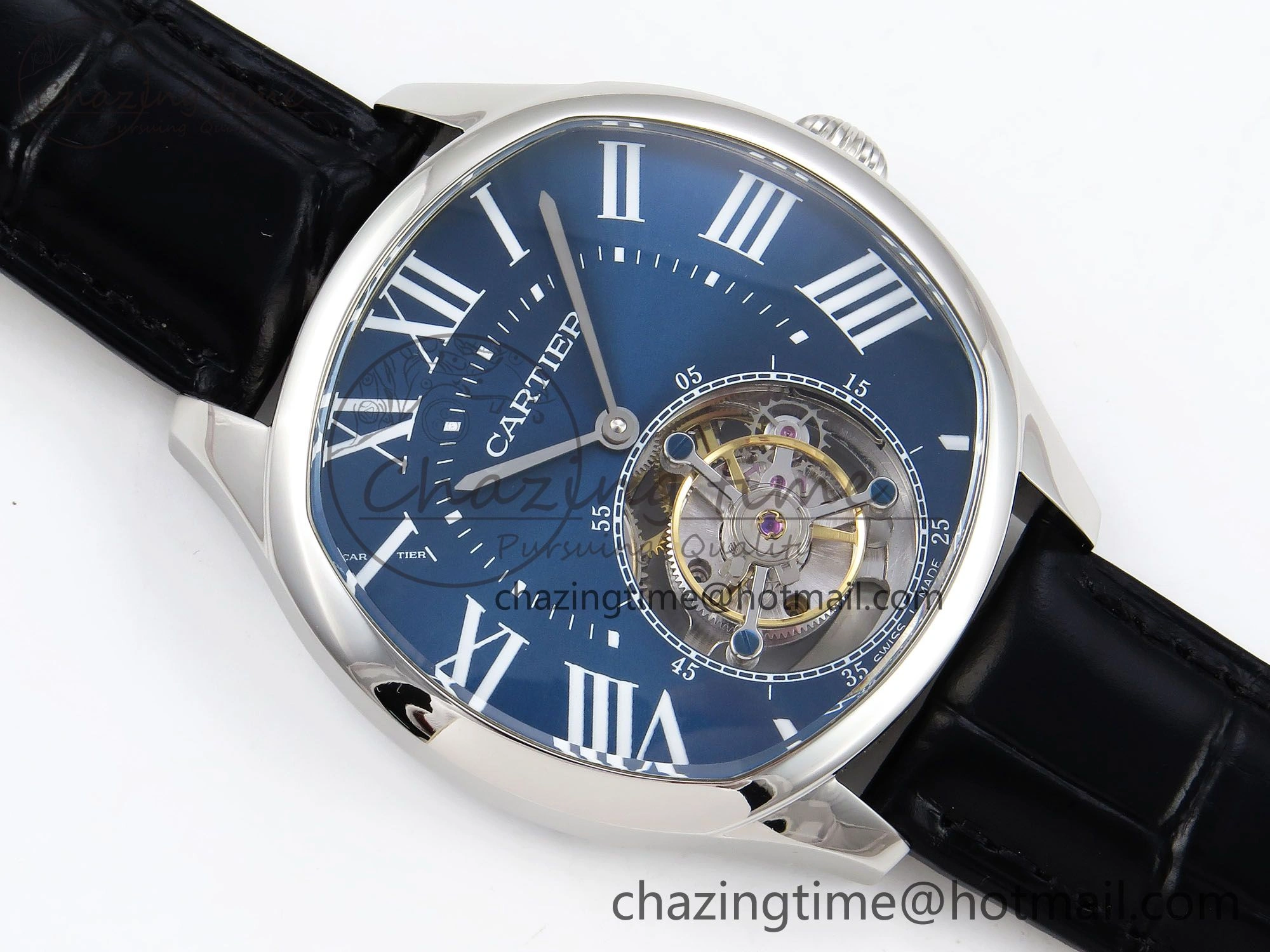 Drive De Cartier Flying Tourbillon SS RMS Best Edition Blue Dial on Black Leather Strap Reliable 5988