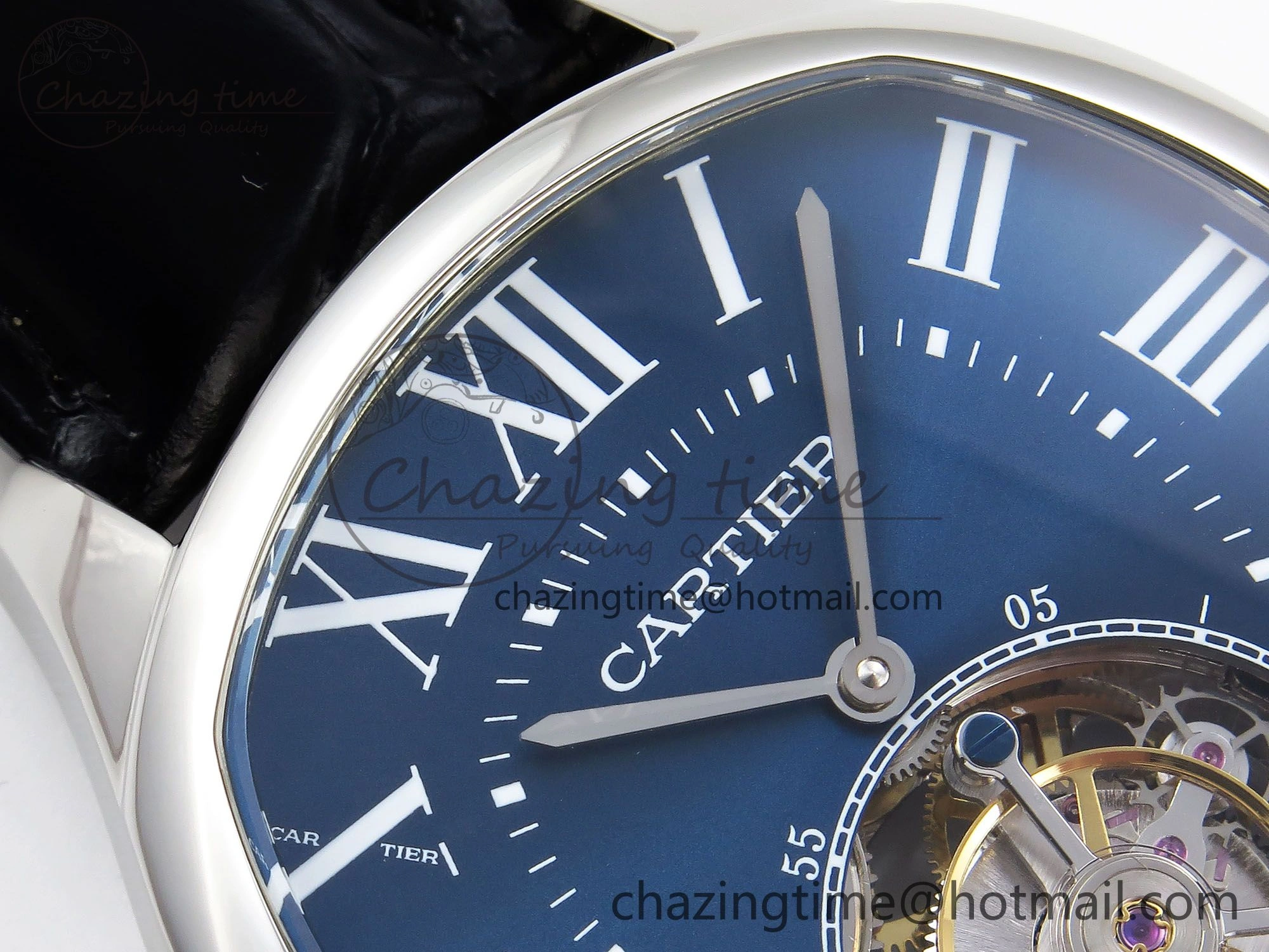 Drive De Cartier Flying Tourbillon SS RMS Best Edition Blue Dial on Black Leather Strap Reliable 5988