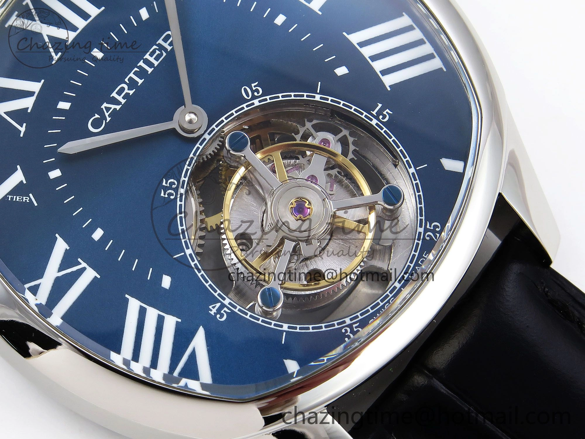 Drive De Cartier Flying Tourbillon SS RMS Best Edition Blue Dial on Black Leather Strap Reliable 5988