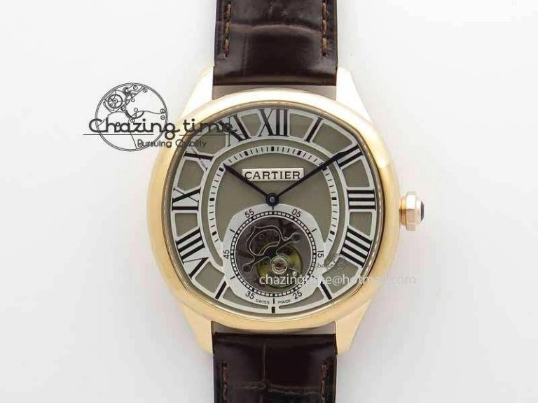 Versatile Drive De Cartier Tourbillon SS RG Best Edition Gray Textured Dial On Brown Leather Strap 6296