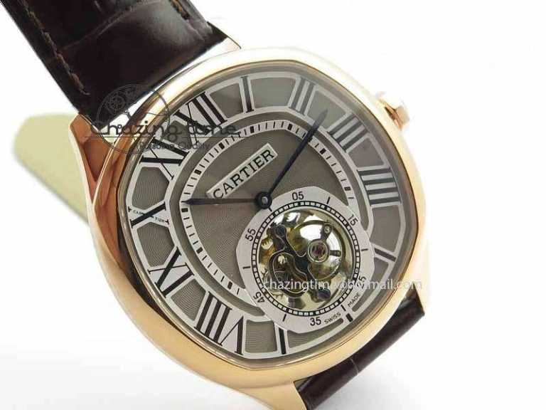 Versatile Drive De Cartier Tourbillon SS RG Best Edition Gray Textured Dial On Brown Leather Strap 6296