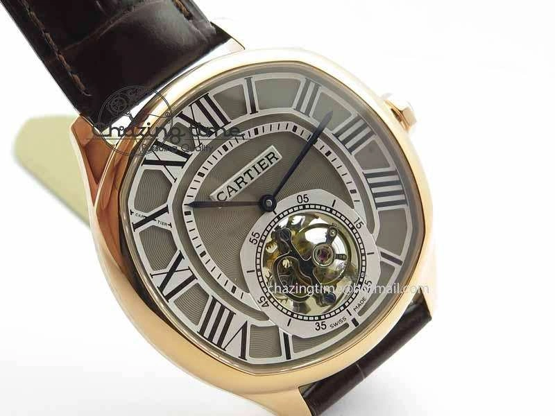 Versatile Drive De Cartier Tourbillon SS RG Best Edition Gray Textured Dial On Brown Leather Strap 6296