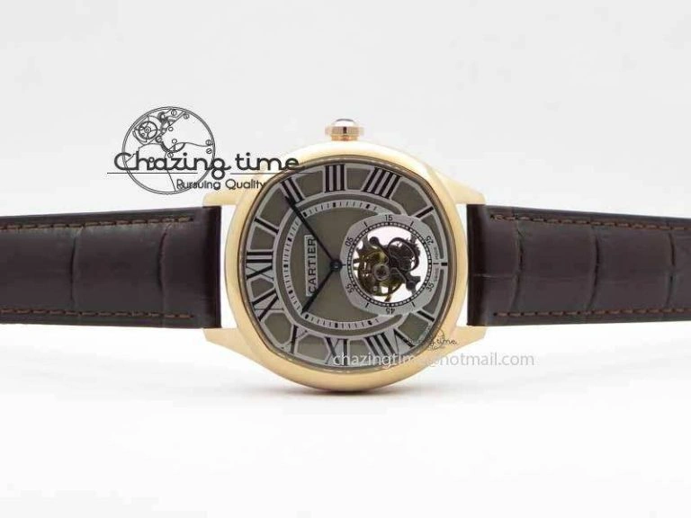 Versatile Drive De Cartier Tourbillon SS RG Best Edition Gray Textured Dial On Brown Leather Strap 6296