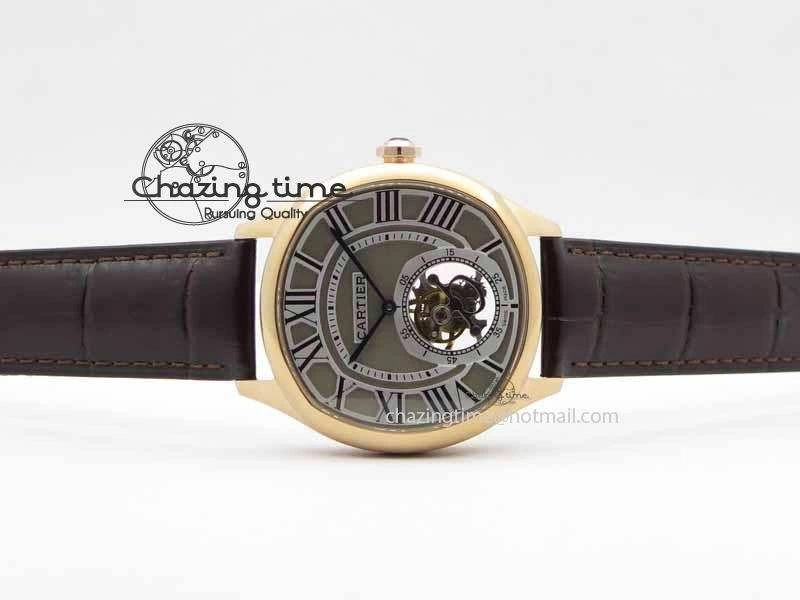 Versatile Drive De Cartier Tourbillon SS RG Best Edition Gray Textured Dial On Brown Leather Strap 6296