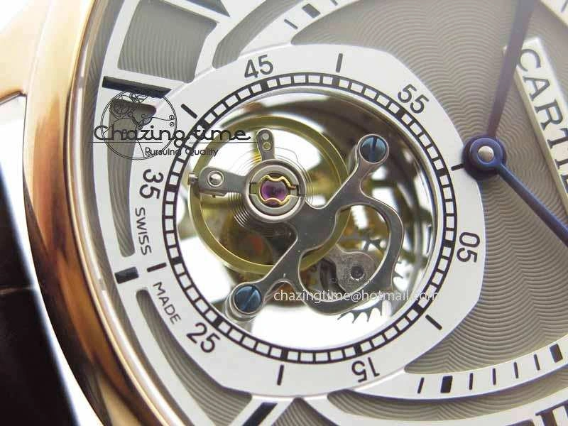 Versatile Drive De Cartier Tourbillon SS RG Best Edition Gray Textured Dial On Brown Leather Strap 6296