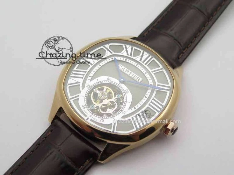 Versatile Drive De Cartier Tourbillon SS RG Best Edition Gray Textured Dial On Brown Leather Strap 6296