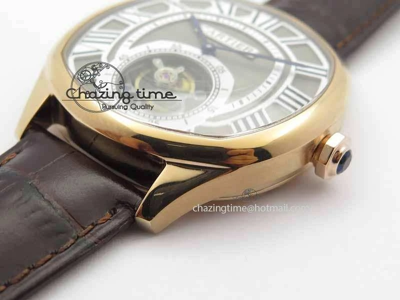 Versatile Drive De Cartier Tourbillon SS RG Best Edition Gray Textured Dial On Brown Leather Strap 6296