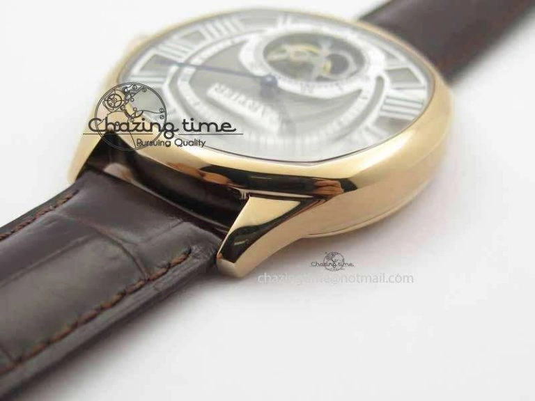 Versatile Drive De Cartier Tourbillon SS RG Best Edition Gray Textured Dial On Brown Leather Strap 6296