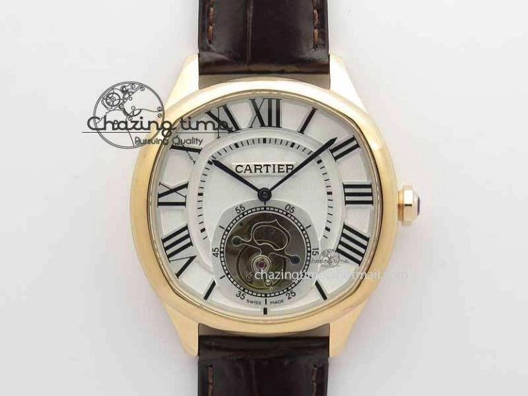 Drive De Cartier Tourbillon SS RG Best Edition White Textured Dial On Brown Leather Strap Packable 6292