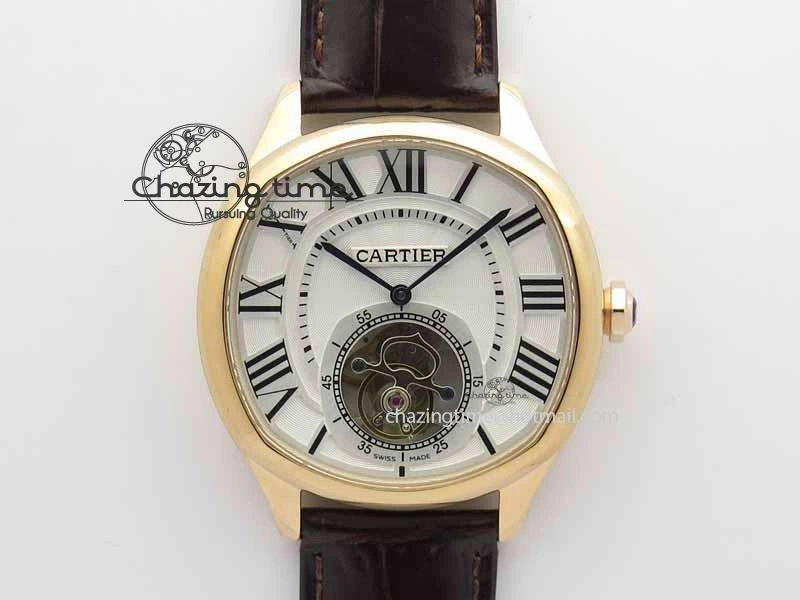 Drive De Cartier Tourbillon SS RG Best Edition White Textured Dial On Brown Leather Strap Packable 6292