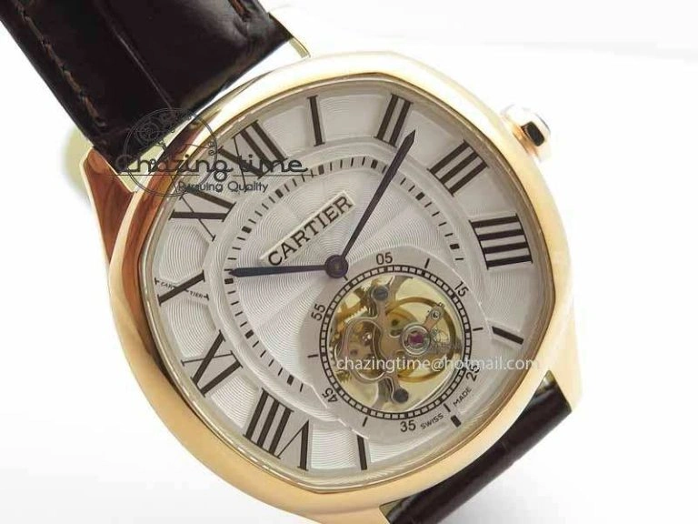 Drive De Cartier Tourbillon SS RG Best Edition White Textured Dial On Brown Leather Strap Packable 6292