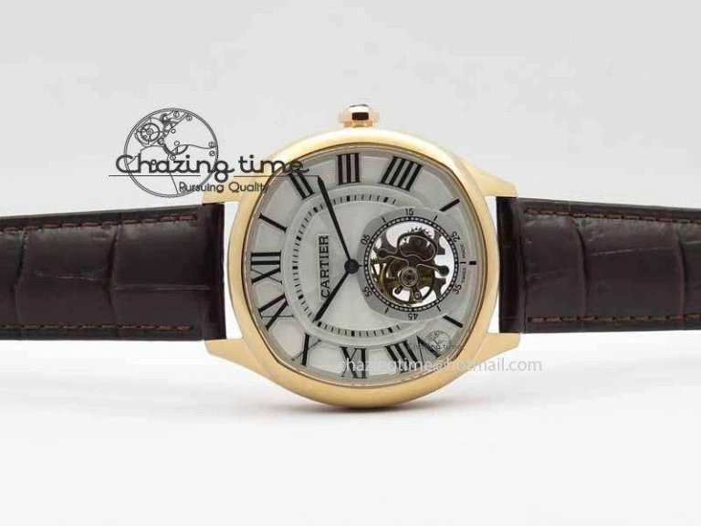 Drive De Cartier Tourbillon SS RG Best Edition White Textured Dial On Brown Leather Strap Packable 6292