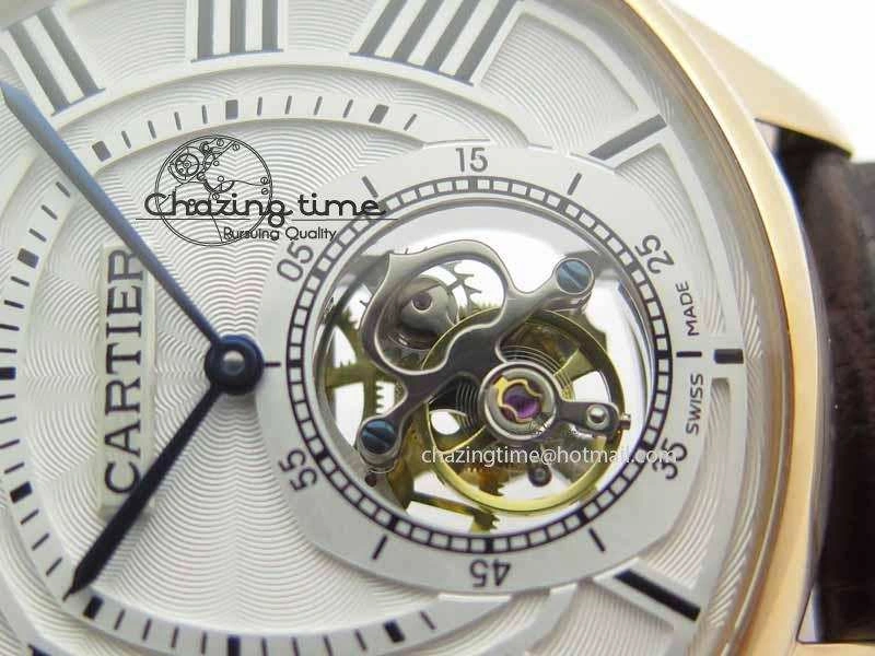Drive De Cartier Tourbillon SS RG Best Edition White Textured Dial On Brown Leather Strap Packable 6292