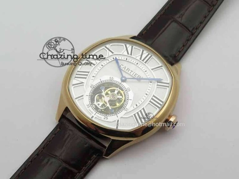 Drive De Cartier Tourbillon SS RG Best Edition White Textured Dial On Brown Leather Strap Packable 6292