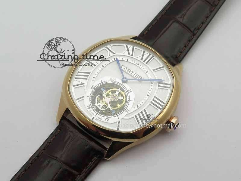 Drive De Cartier Tourbillon SS RG Best Edition White Textured Dial On Brown Leather Strap Packable 6292