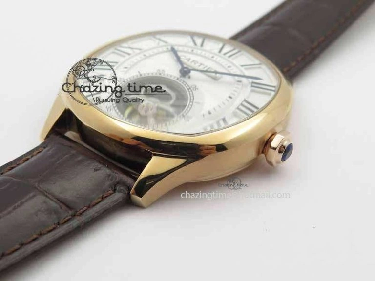 Drive De Cartier Tourbillon SS RG Best Edition White Textured Dial On Brown Leather Strap Packable 6292