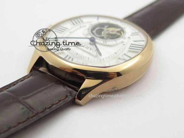 Drive De Cartier Tourbillon SS RG Best Edition White Textured Dial On Brown Leather Strap Packable 6292