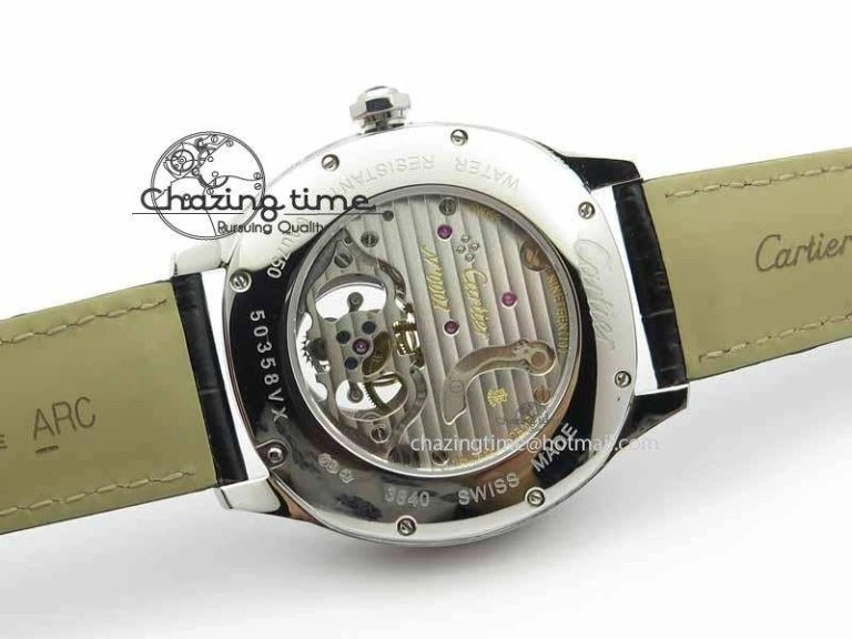 Drive De Cartier Tourbillon SS TF Best Edition Gray Textured Dial On Black Leather Strap Comfortable 6297