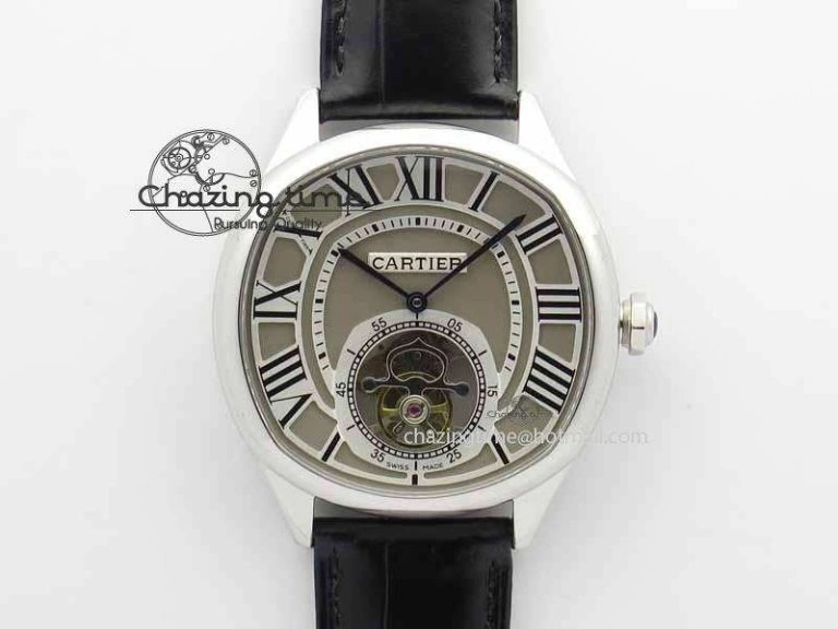 Drive De Cartier Tourbillon SS TF Best Edition Gray Textured Dial On Black Leather Strap Comfortable 6297