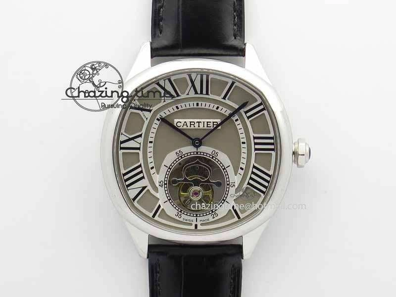 Drive De Cartier Tourbillon SS TF Best Edition Gray Textured Dial On Black Leather Strap Comfortable 6297