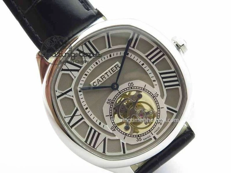 Drive De Cartier Tourbillon SS TF Best Edition Gray Textured Dial On Black Leather Strap Comfortable 6297
