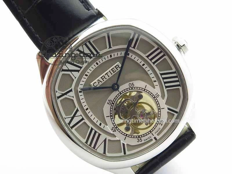 Drive De Cartier Tourbillon SS TF Best Edition Gray Textured Dial On Black Leather Strap Comfortable 6297