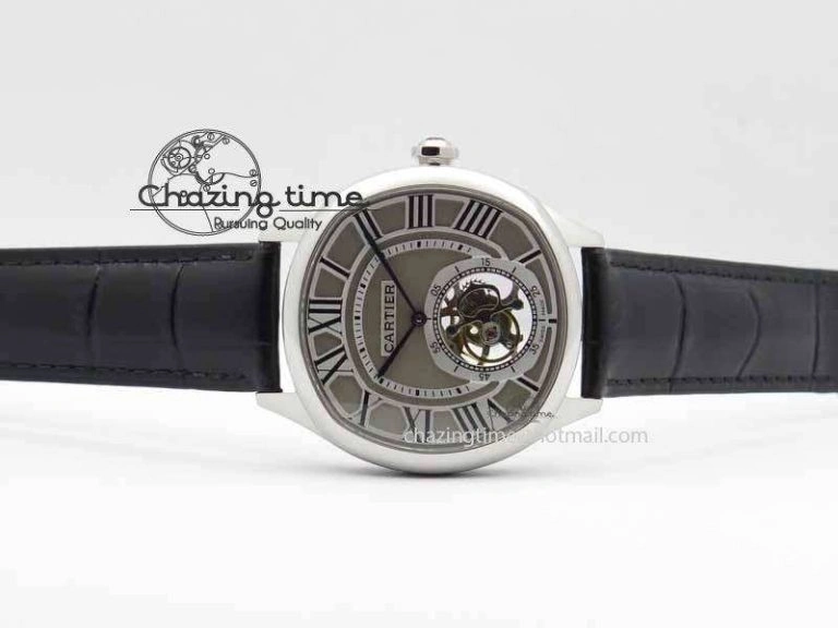 Drive De Cartier Tourbillon SS TF Best Edition Gray Textured Dial On Black Leather Strap Comfortable 6297