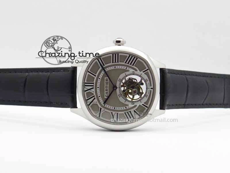 Drive De Cartier Tourbillon SS TF Best Edition Gray Textured Dial On Black Leather Strap Comfortable 6297
