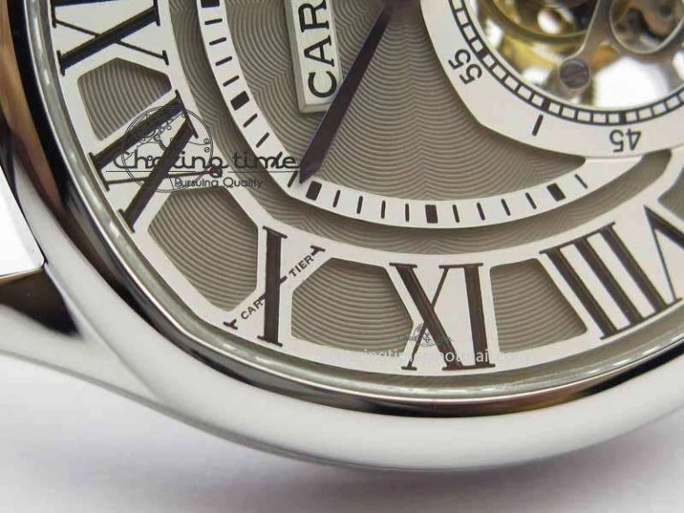 Drive De Cartier Tourbillon SS TF Best Edition Gray Textured Dial On Black Leather Strap Comfortable 6297