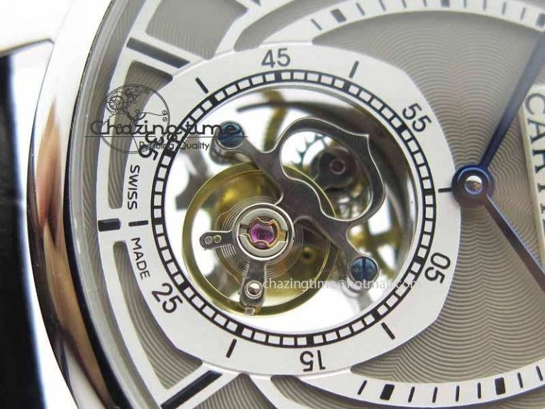 Drive De Cartier Tourbillon SS TF Best Edition Gray Textured Dial On Black Leather Strap Comfortable 6297