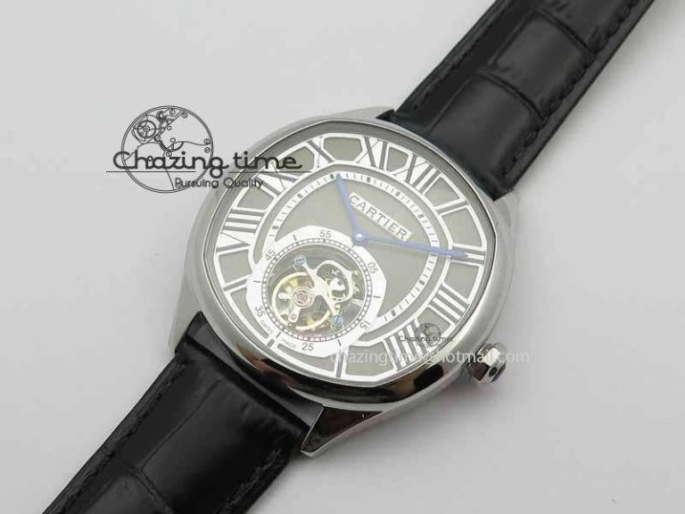 Drive De Cartier Tourbillon SS TF Best Edition Gray Textured Dial On Black Leather Strap Comfortable 6297